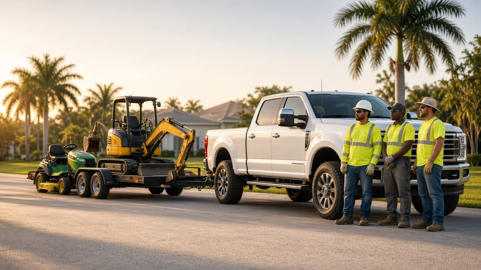 Find Me Jobs Now workers with a pickup truck and equipment trailer